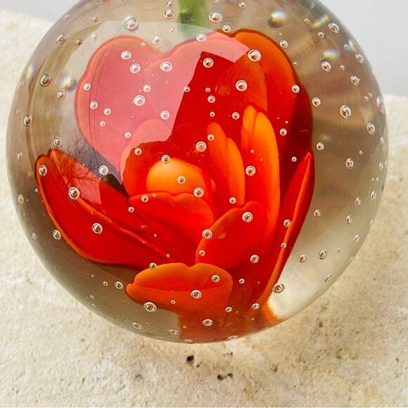 Vintage Orange Flower Bubble Clear Art Glass Round Paper Weight - Picture 11 of 16